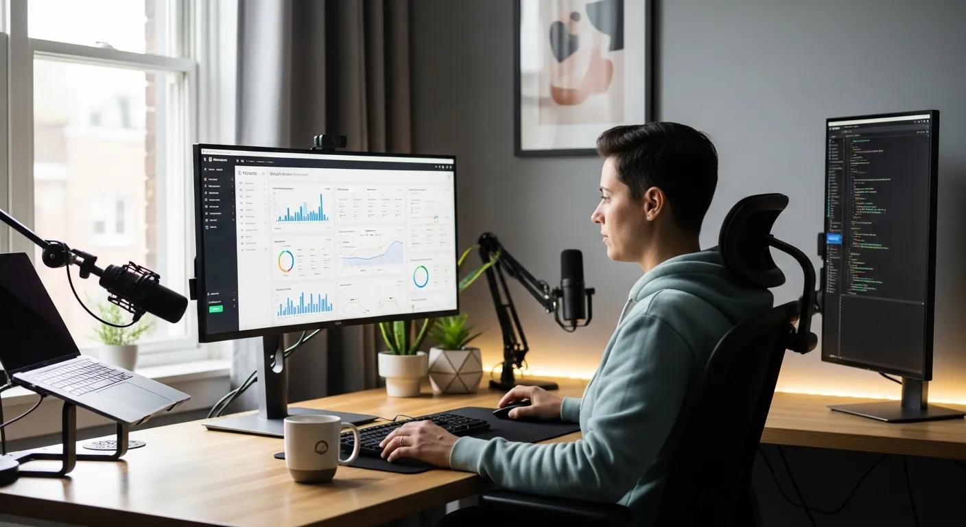 Person analyzing website performance metrics in a tech-savvy workspace